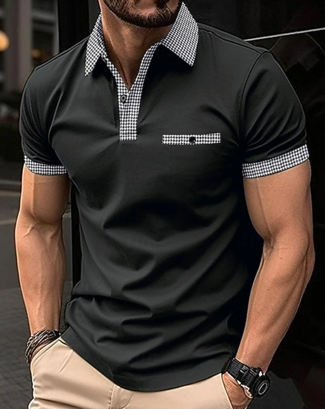 Effortless Houndstooth Trim Polo Shirt for Women with Collar Short Sleeve Button Placket Casual Style