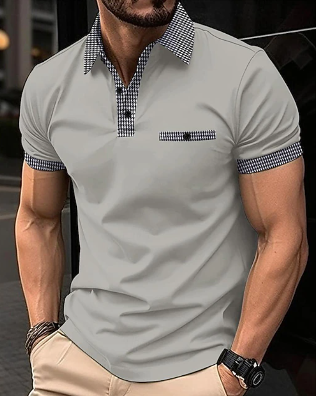 Effortless Houndstooth Trim Polo Shirt for Women with Collar Short Sleeve Button Placket Casual Style