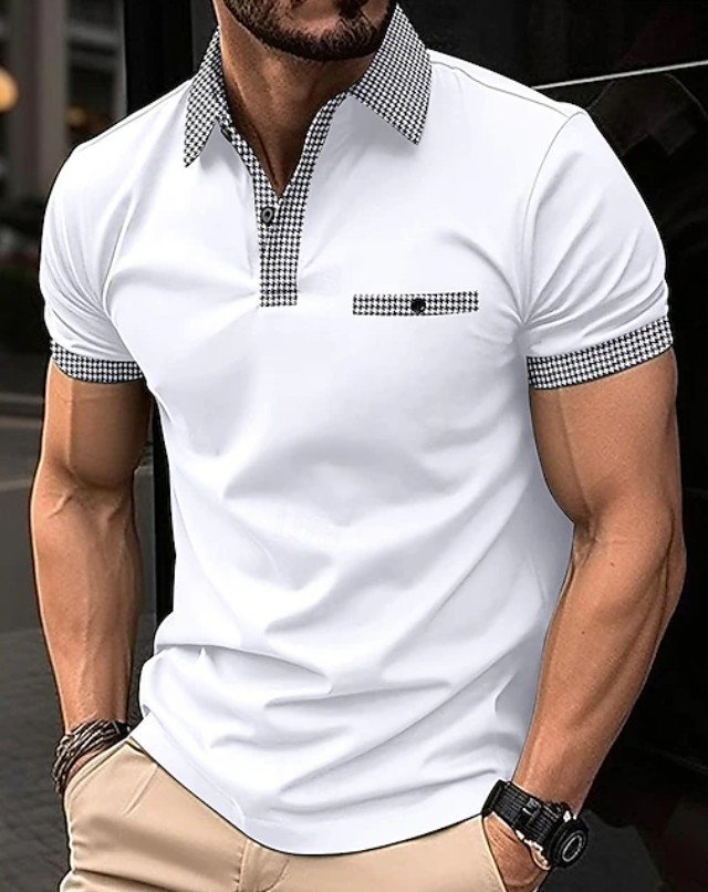 Effortless Houndstooth Trim Polo Shirt for Women with Collar Short Sleeve Button Placket Casual Style