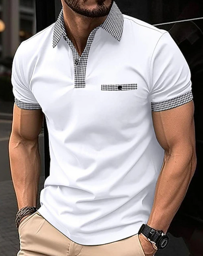 Effortless Houndstooth Trim Polo Shirt for Women with Collar Short Sleeve Button Placket Casual Style