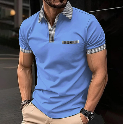 Effortless Houndstooth Trim Polo Shirt for Women with Collar Short Sleeve Button Placket Casual Style
