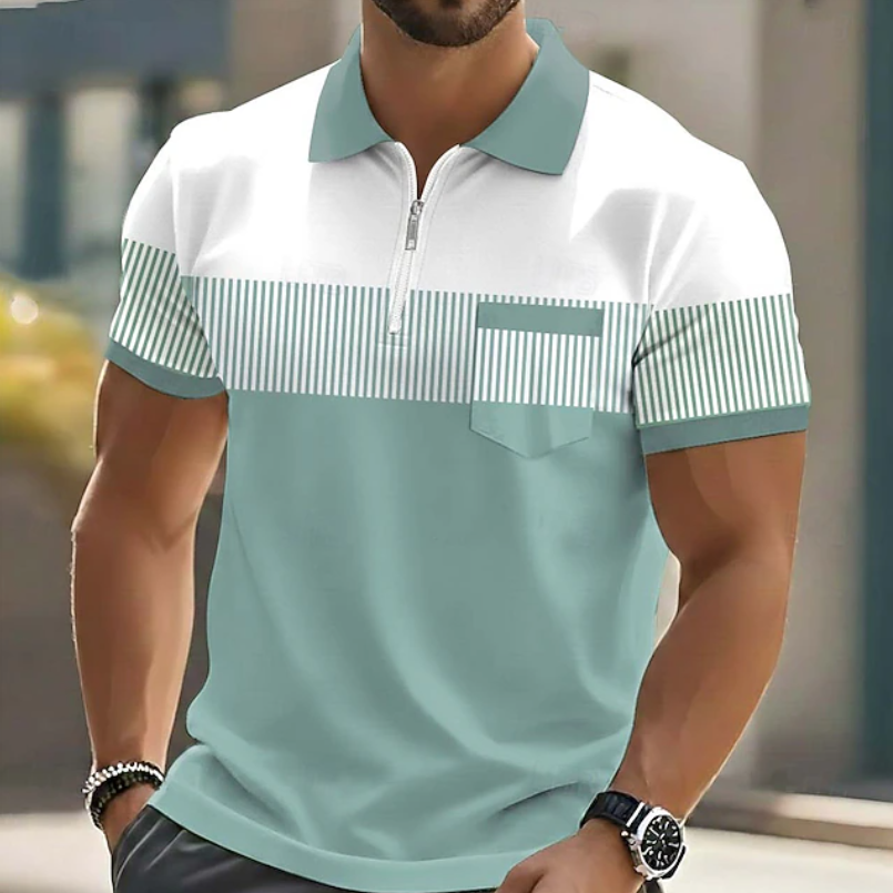 Effortless Striped Colorblock Polo Shirt for Women with Collar Short Sleeve Zip Front Chest Pocket Casual Style