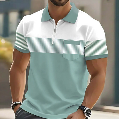 Effortless Striped Colorblock Polo Shirt for Women with Collar Short Sleeve Zip Front Chest Pocket Casual Style