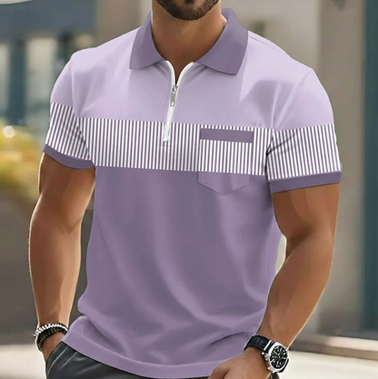 Effortless Striped Colorblock Polo Shirt for Women with Collar Short Sleeve Zip Front Chest Pocket Casual Style