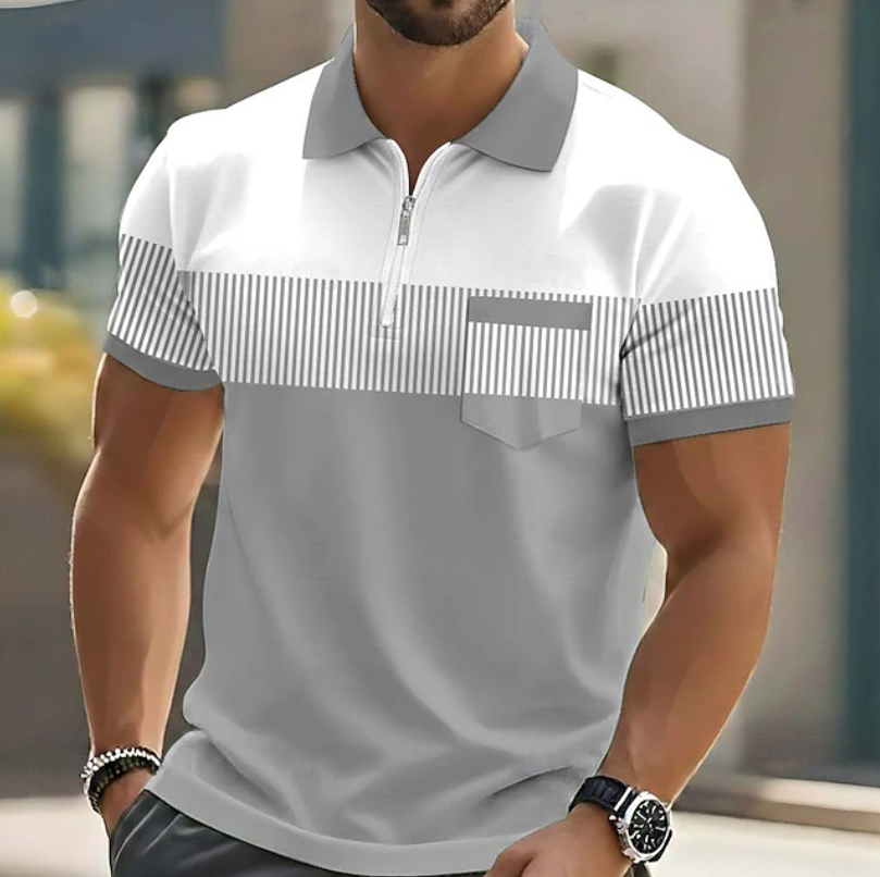 Effortless Striped Colorblock Polo Shirt for Women with Collar Short Sleeve Zip Front Chest Pocket Casual Style