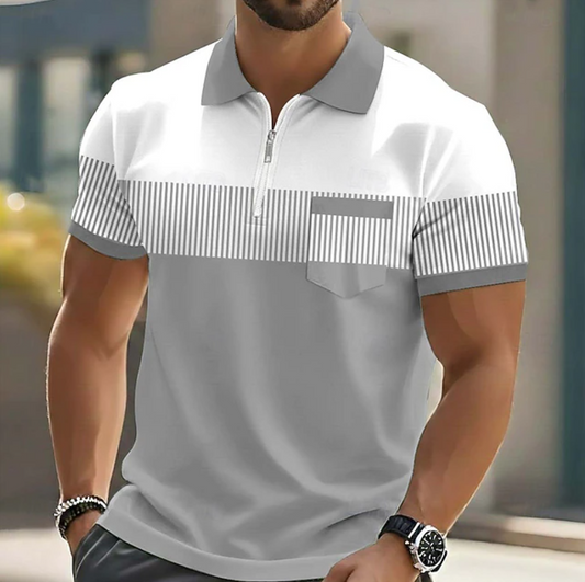 Effortless Striped Colorblock Polo Shirt for Women with Collar Short Sleeve Zip Front Chest Pocket Casual Style