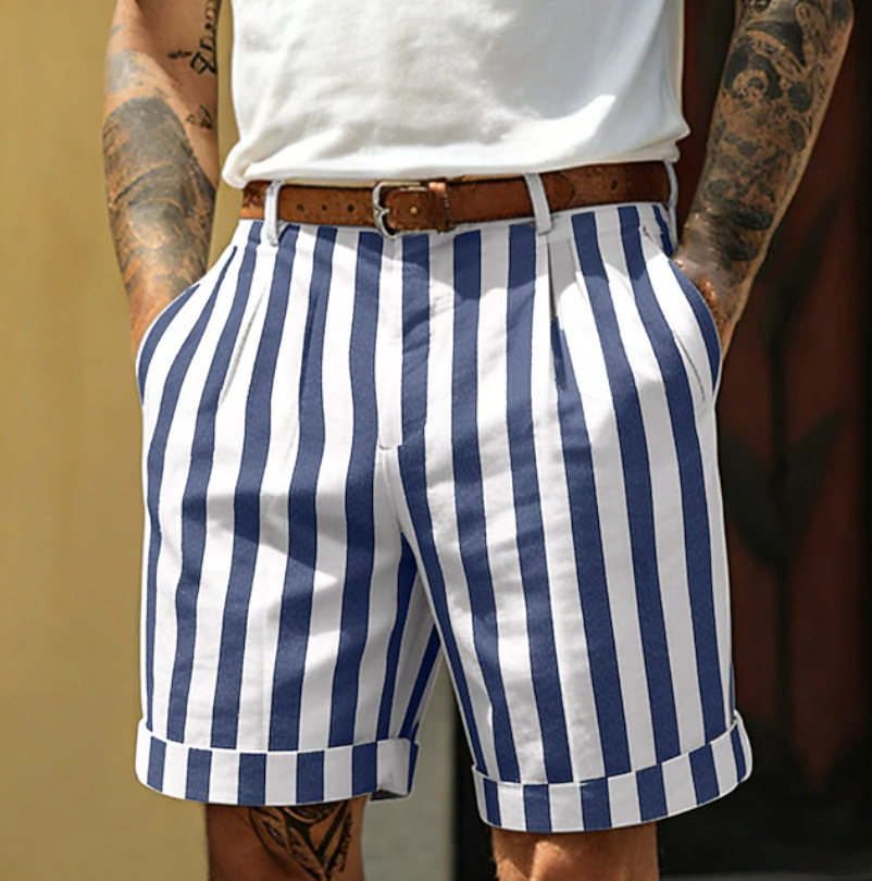 Effortless Striped Bermuda Shorts for Women with Pleated Front Cuffed Hem Relaxed Casual Style