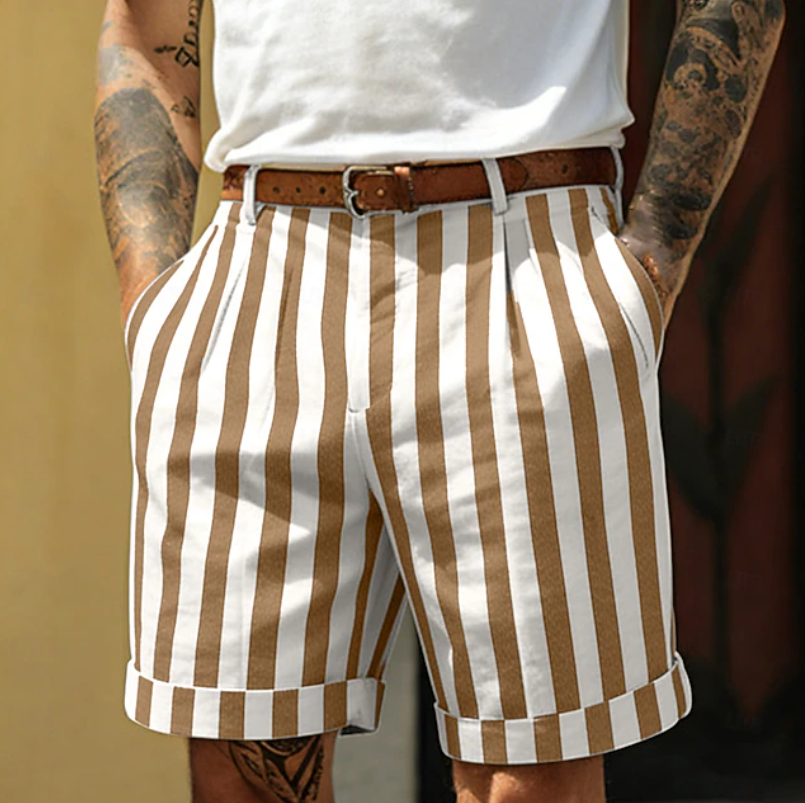 Effortless Striped Bermuda Shorts for Women with Pleated Front Cuffed Hem Relaxed Casual Style
