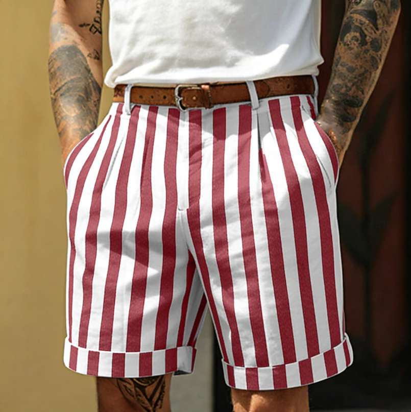 Effortless Striped Bermuda Shorts for Women with Pleated Front Cuffed Hem Relaxed Casual Style