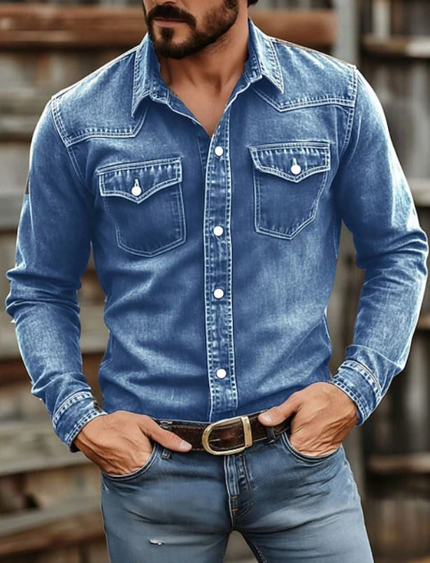 Effortless Denim Western Shirt for Women with Point Collar Long Sleeve Snap Button Chest Pocket Casual Style