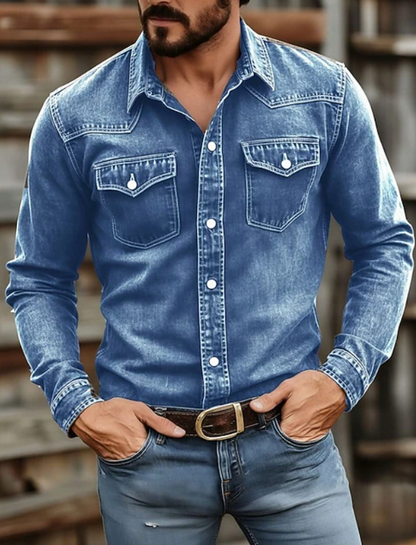 Effortless Denim Western Shirt for Women with Point Collar Long Sleeve Snap Button Chest Pocket Casual Style