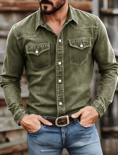 Effortless Denim Western Shirt for Women with Point Collar Long Sleeve Snap Button Chest Pocket Casual Style