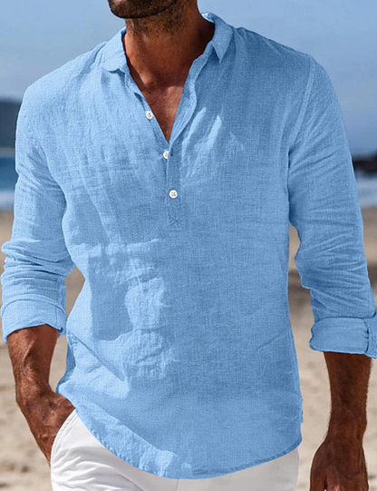 Effortless Linen Popover Shirt for Women with Spread Collar Long Sleeve Button Placket Casual Style