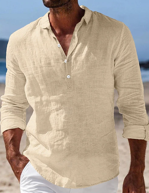 Effortless Linen Popover Shirt for Women with Spread Collar Long Sleeve Button Placket Casual Style