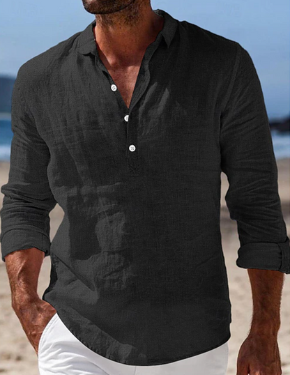 Effortless Linen Popover Shirt for Women with Spread Collar Long Sleeve Button Placket Casual Style