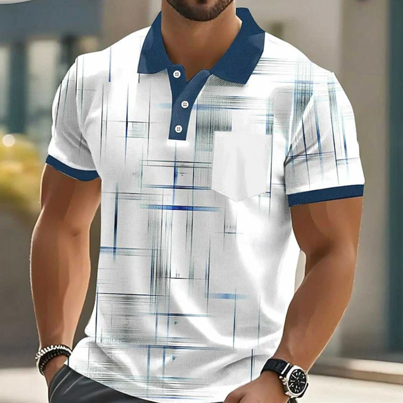 Effortless Abstract Print Polo Shirt for Women with Collar Short Sleeve Button Placket Chest Pocket Casual Style