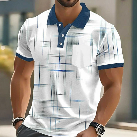 Effortless Abstract Print Polo Shirt for Women with Collar Short Sleeve Button Placket Chest Pocket Casual Style