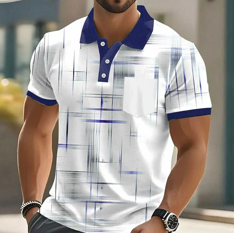 Effortless Abstract Print Polo Shirt for Women with Collar Short Sleeve Button Placket Chest Pocket Casual Style