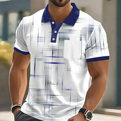 Effortless Abstract Print Polo Shirt for Women with Collar Short Sleeve Button Placket Chest Pocket Casual Style