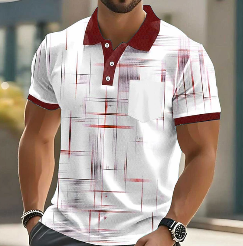 Effortless Abstract Print Polo Shirt for Women with Collar Short Sleeve Button Placket Chest Pocket Casual Style
