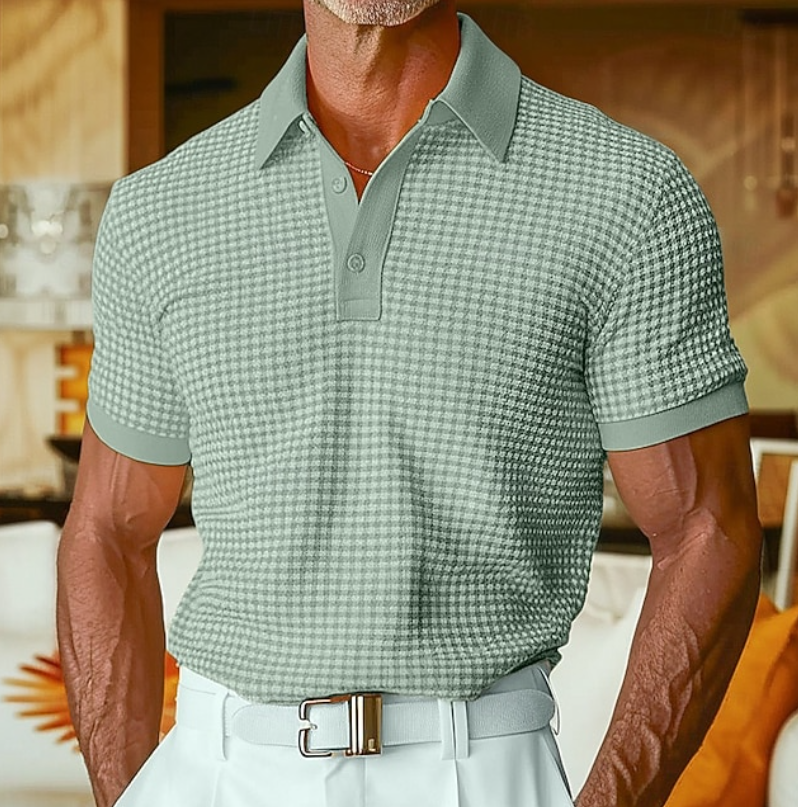 Effortless Gingham Knit Polo Shirt for Women with Collared Short Sleeve Ribbed Placket Casual Style