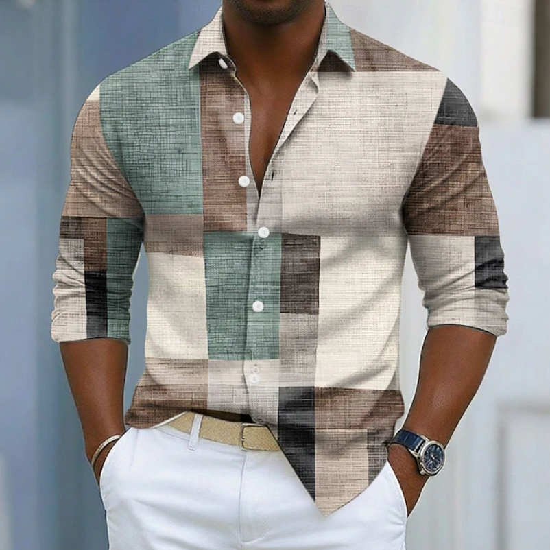 Effortless Colorblock Linen Shirt for Women with Collared Long Sleeve Button Front Relaxed Casual Style