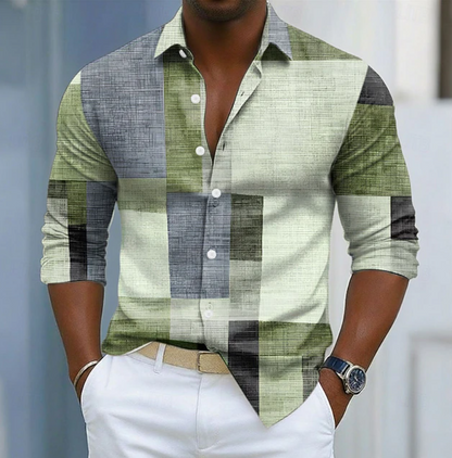 Effortless Colorblock Linen Shirt for Women with Collared Long Sleeve Button Front Relaxed Casual Style