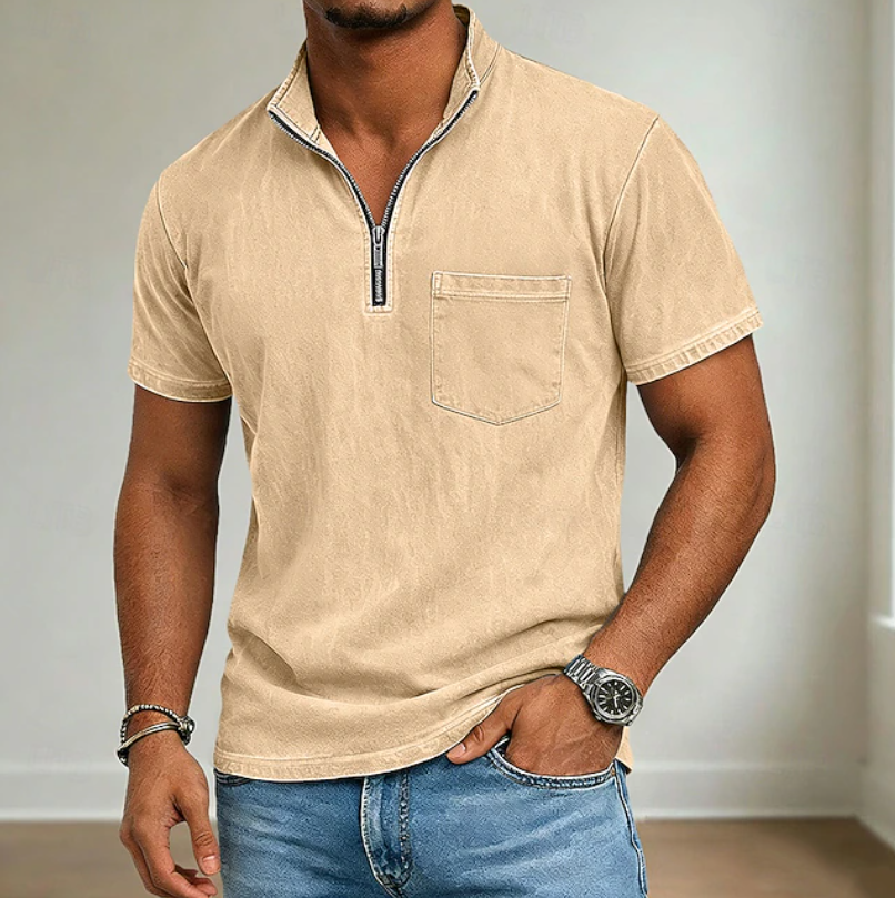 Comfortable Washed Cotton Polo Shirt for Women with Zip Mock Neck Short Sleeve Chest Pocket Casual Style