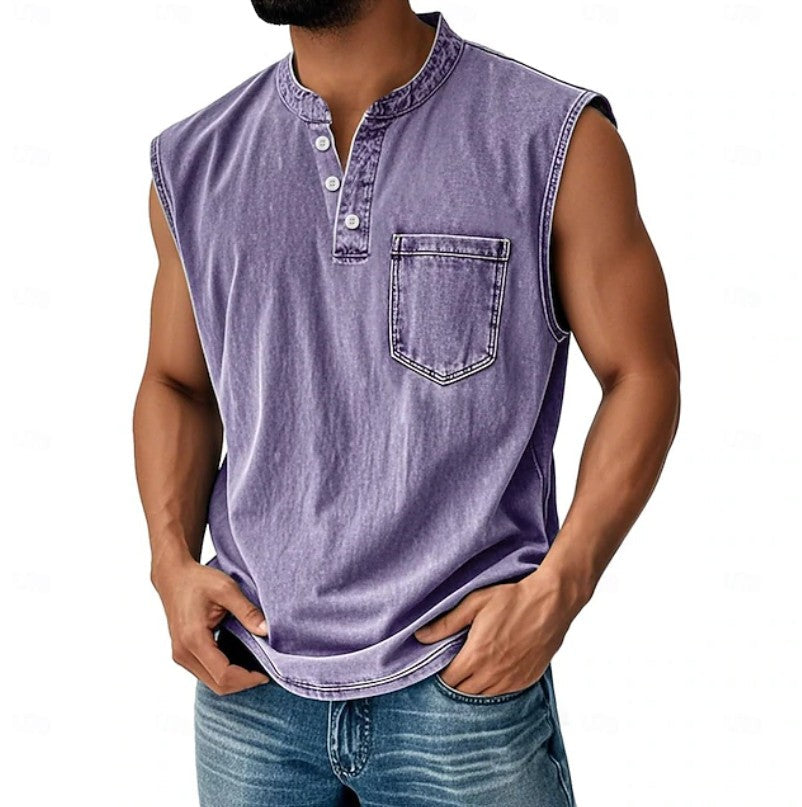Effortless Denim Tank Top for Women with Henley Collar Sleeveless Button Front Casual Style