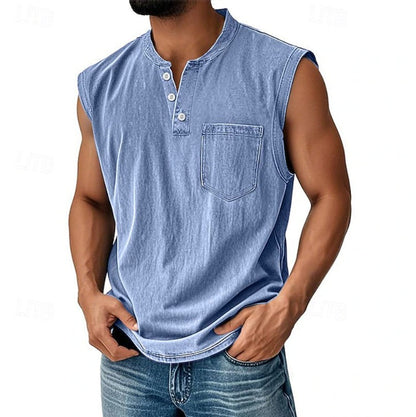 Effortless Denim Tank Top for Women with Henley Collar Sleeveless Button Front Casual Style