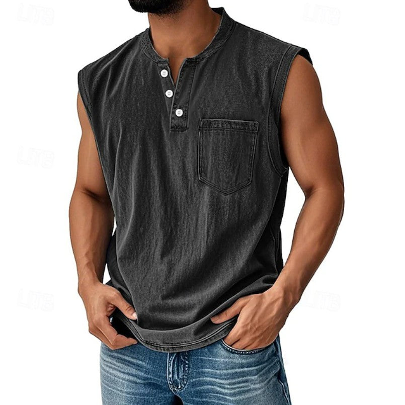 Effortless Denim Tank Top for Women with Henley Collar Sleeveless Button Front Casual Style