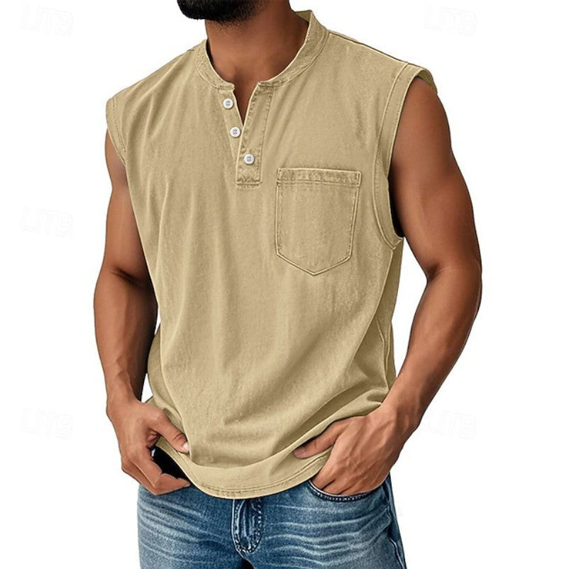 Effortless Denim Tank Top for Women with Henley Collar Sleeveless Button Front Casual Style