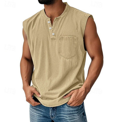 Effortless Denim Tank Top for Women with Henley Collar Sleeveless Button Front Casual Style