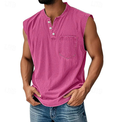 Effortless Denim Tank Top for Women with Henley Collar Sleeveless Button Front Casual Style