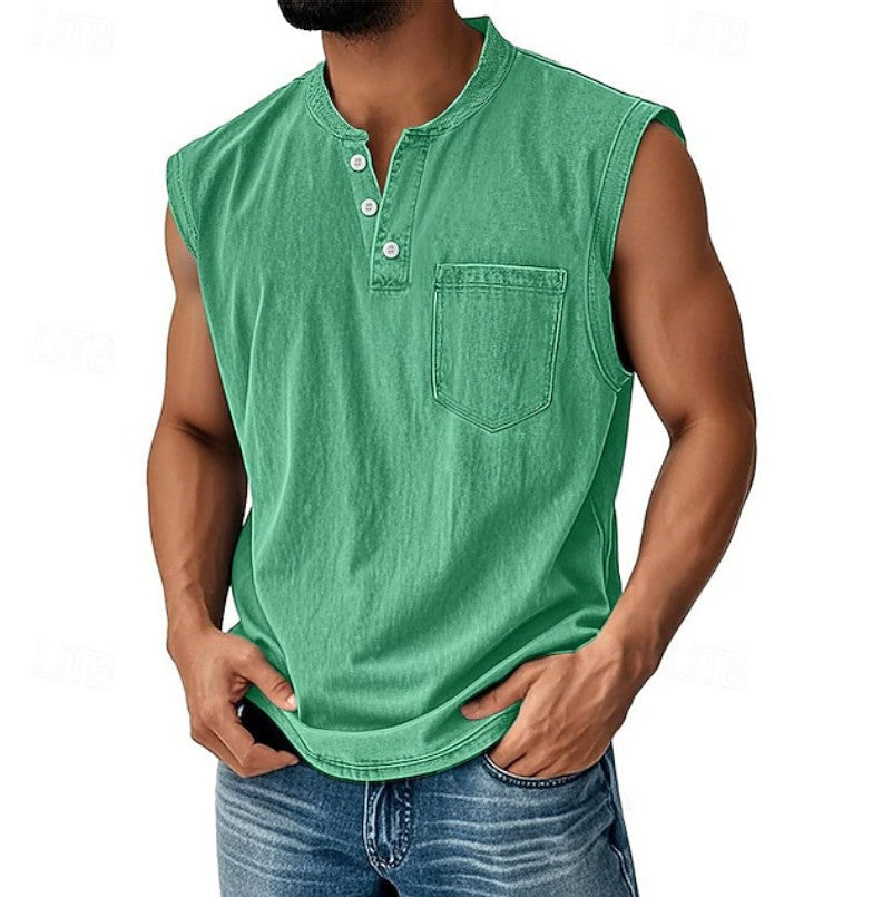Effortless Denim Tank Top for Women with Henley Collar Sleeveless Button Front Casual Style