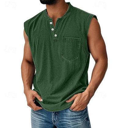 Effortless Denim Tank Top for Women with Henley Collar Sleeveless Button Front Casual Style