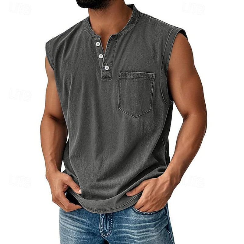 Effortless Denim Tank Top for Women with Henley Collar Sleeveless Button Front Casual Style