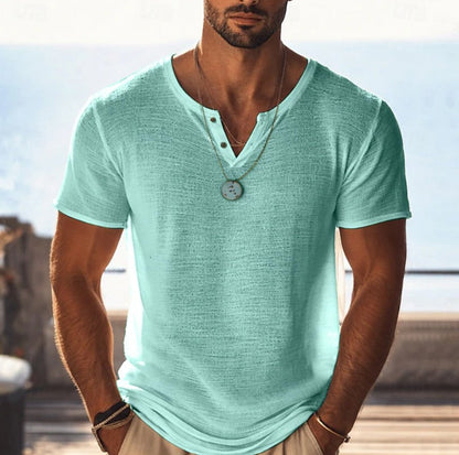 Effortless Linen Henley Shirt for Women with V Neck Short Sleeve Button Placket Relaxed Casual Style