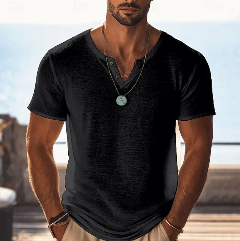 Effortless Linen Henley Shirt for Women with V Neck Short Sleeve Button Placket Relaxed Casual Style