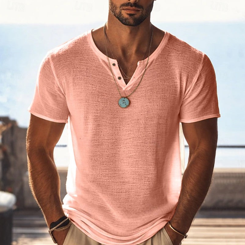 Effortless Linen Henley Shirt for Women with V Neck Short Sleeve Button Placket Relaxed Casual Style