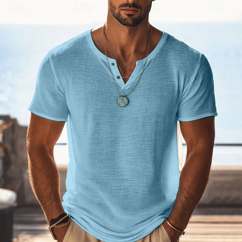 Effortless Linen Henley Shirt for Women with V Neck Short Sleeve Button Placket Relaxed Casual Style