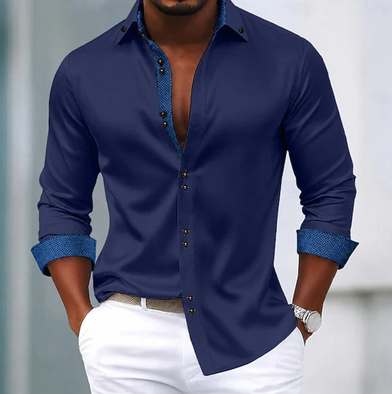 Elegant Contrast Trim Button Up Shirt for Women with Spread Collar Long Sleeve Curved Hem Casual Style