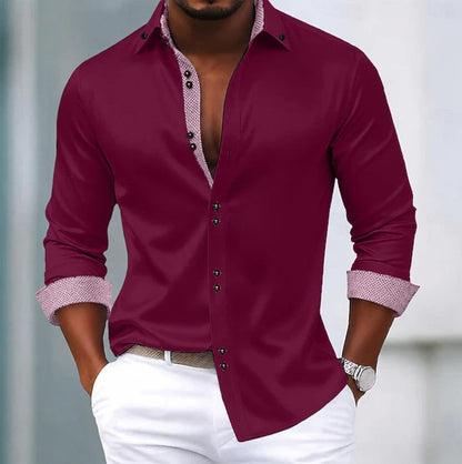 Elegant Contrast Trim Button Up Shirt for Women with Spread Collar Long Sleeve Curved Hem Casual Style