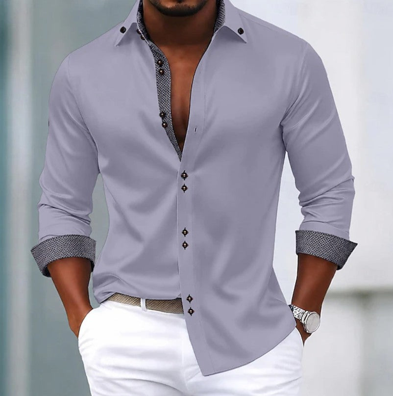Elegant Contrast Trim Button Up Shirt for Women with Spread Collar Long Sleeve Curved Hem Casual Style