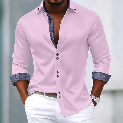 Elegant Contrast Trim Button Up Shirt for Women with Spread Collar Long Sleeve Curved Hem Casual Style
