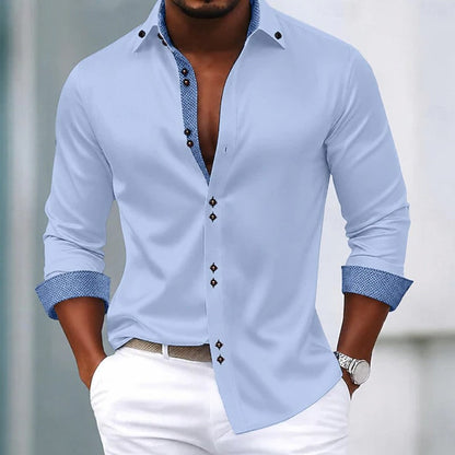 Elegant Contrast Trim Button Up Shirt for Women with Spread Collar Long Sleeve Curved Hem Casual Style