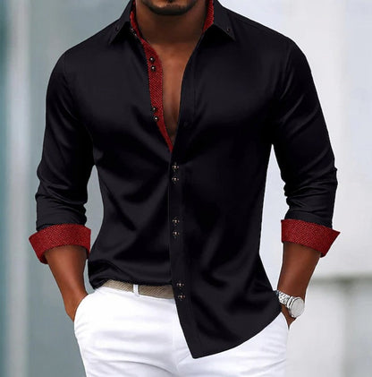 Elegant Contrast Trim Button Up Shirt for Women with Spread Collar Long Sleeve Curved Hem Casual Style