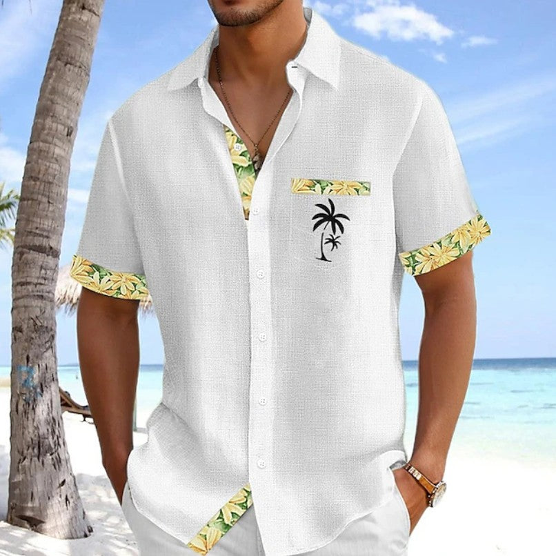 Effortless Linen Tropical Print Hawaiian Shirt for Women with Collar Short Sleeve Button Front Chest Pocket Casual Style