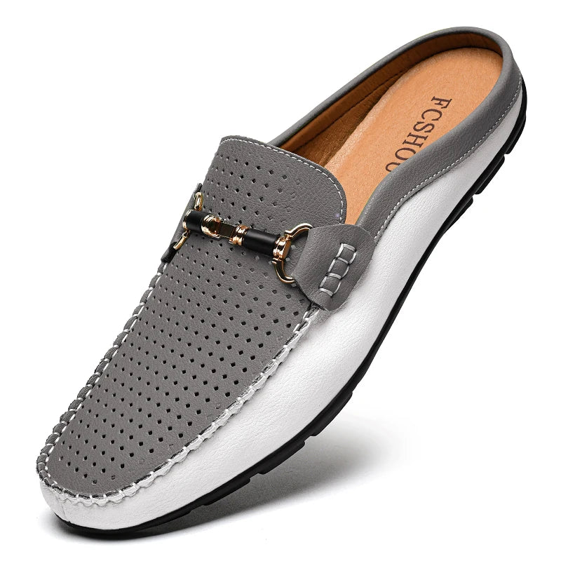 Effortless Perforated Leather Loafer Mule for Women with Horsebit Buckle Contrast Sole Slip-On Casual Style
