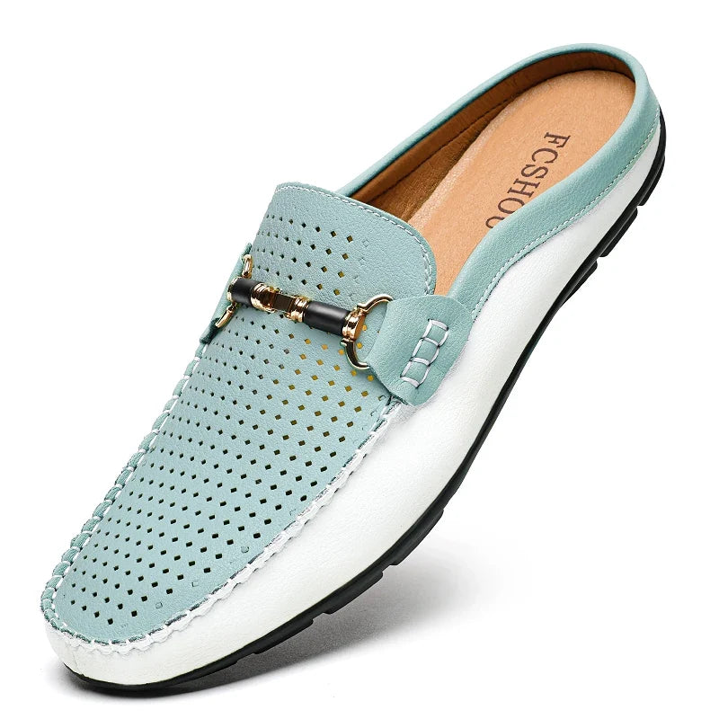 Effortless Perforated Leather Loafer Mule for Women with Horsebit Buckle Contrast Sole Slip-On Casual Style